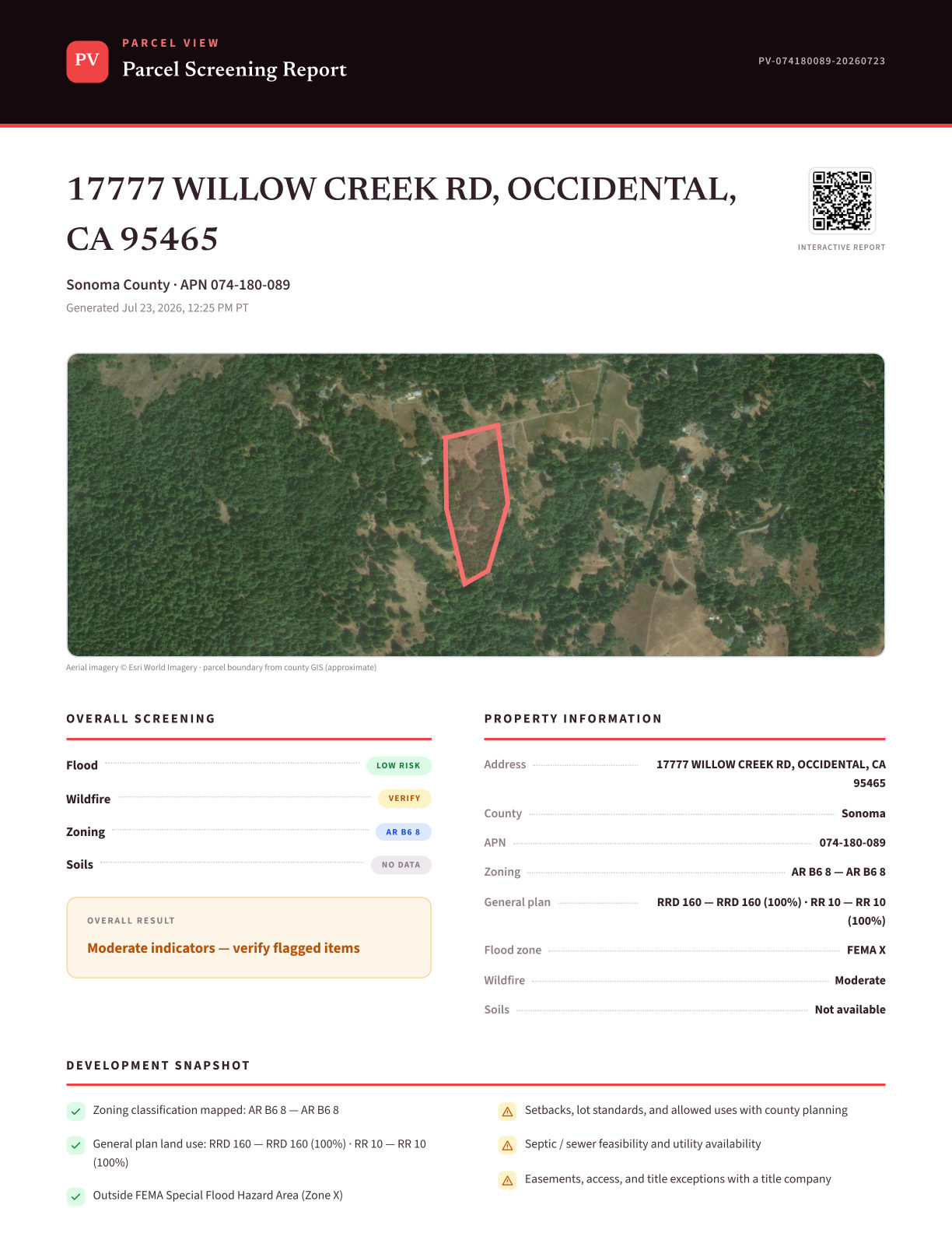 Sample Parcel View PDF export — page 1 of 4 for 17777 Willow Creek Rd, Occidental